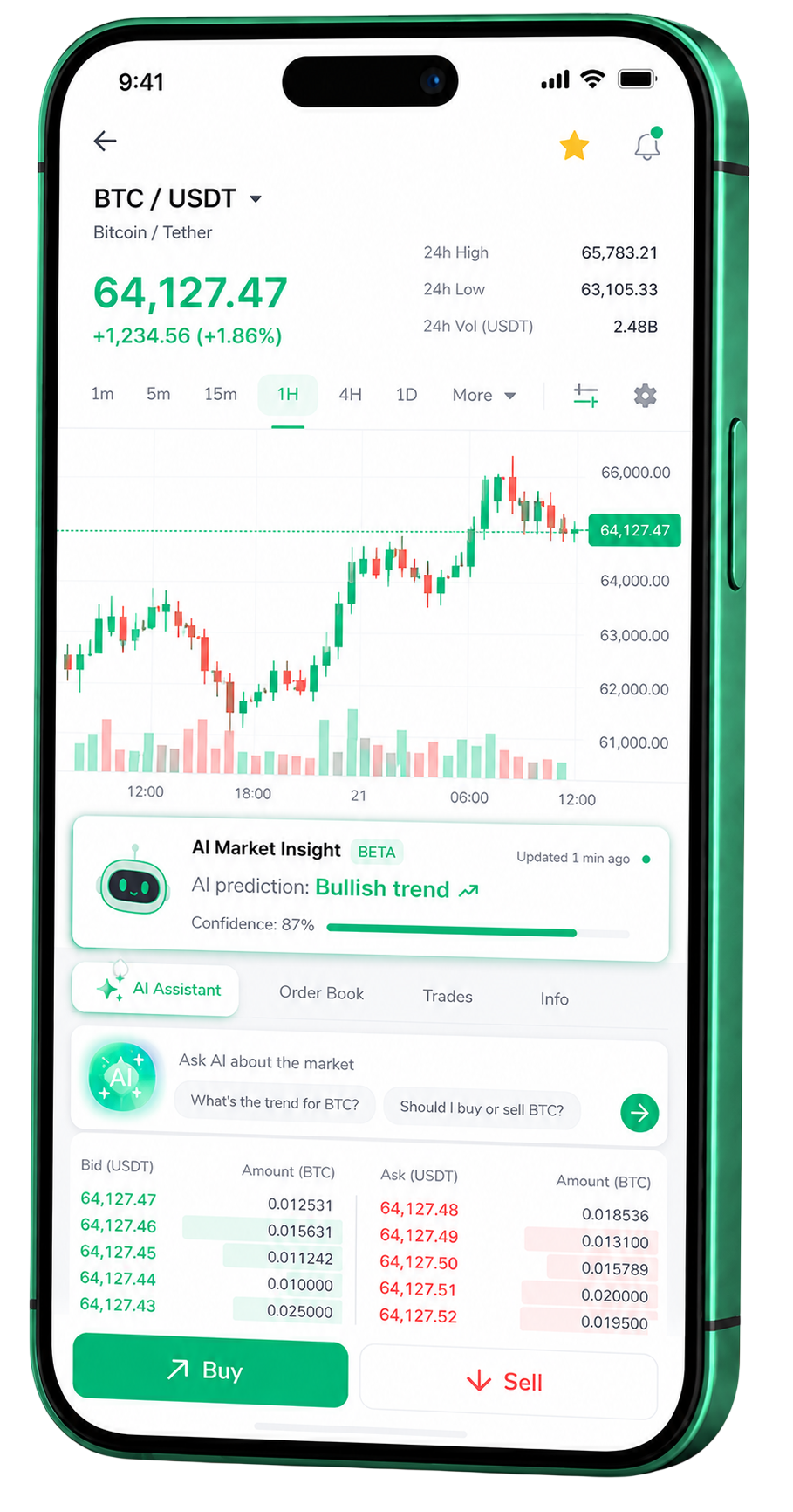 Aplicação móvel de trading Alvo Bitluxe a correr num smartphone